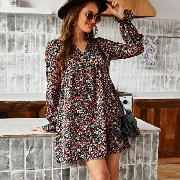 Boho Dainty Floral Confetti Ruffle Babydoll Dress - Picture 3 of 12